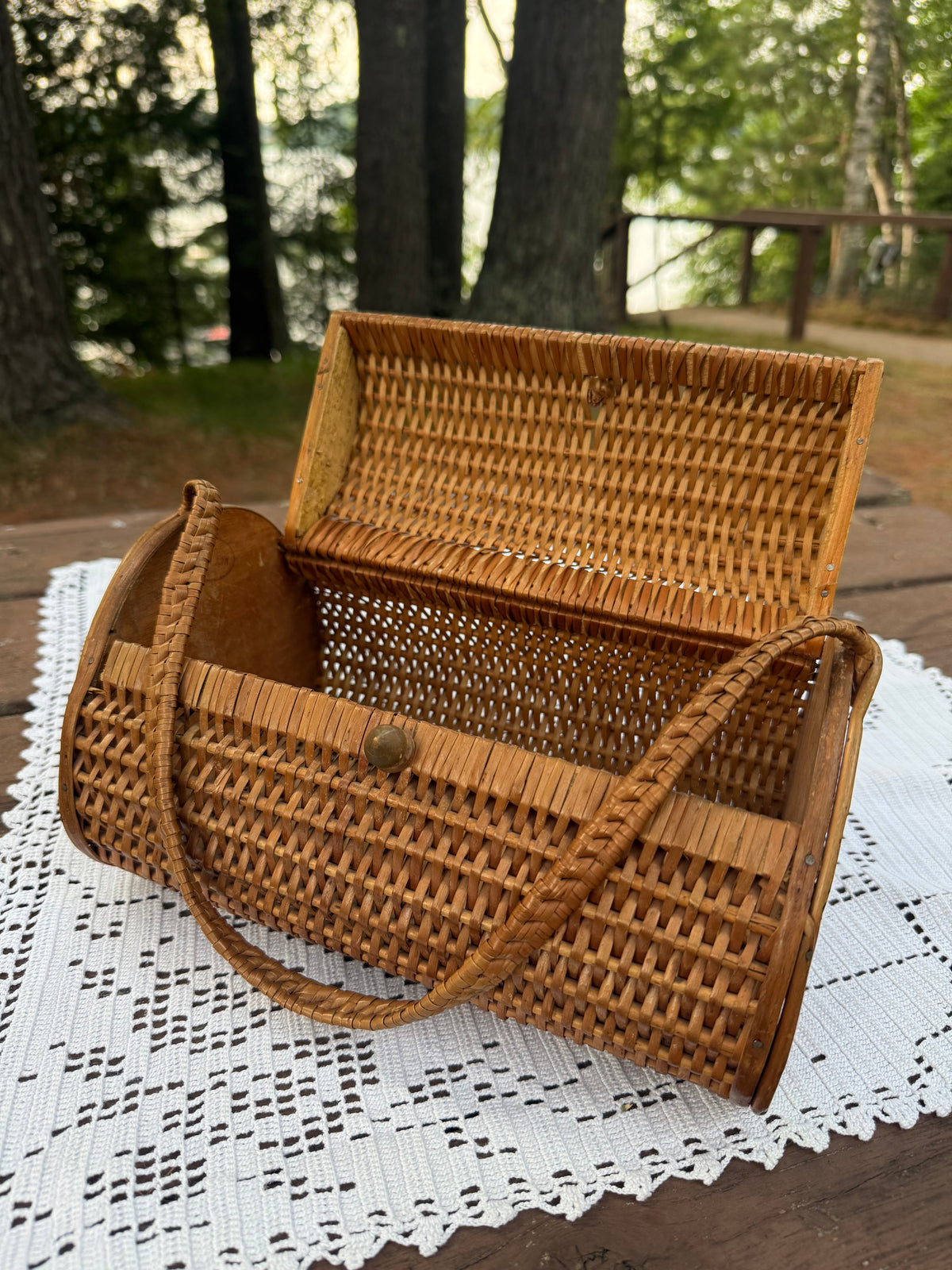 Vintage Woven Carrying Basket with Wood Finishes