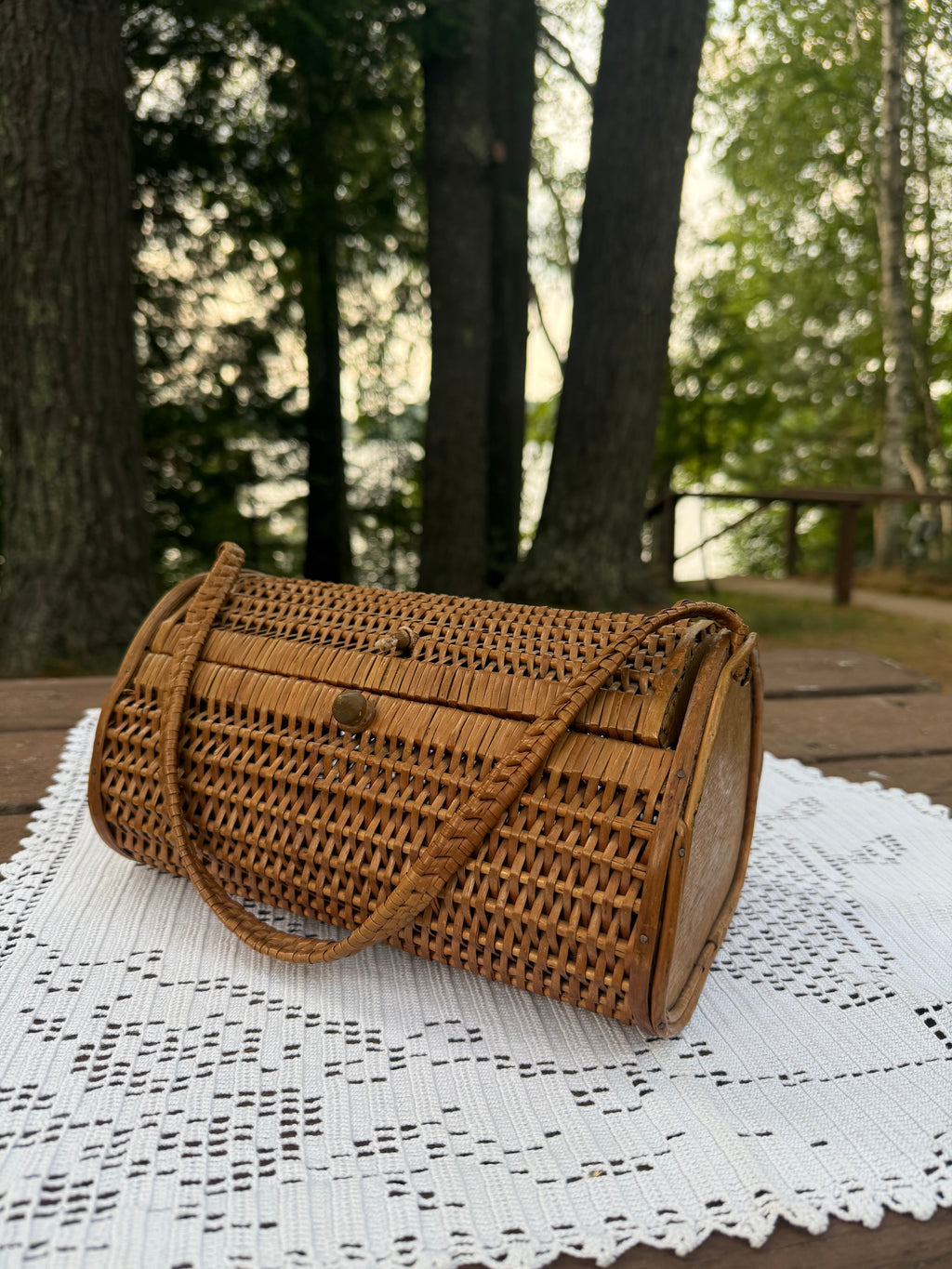 Vintage Woven Carrying Basket with Wood Finishes