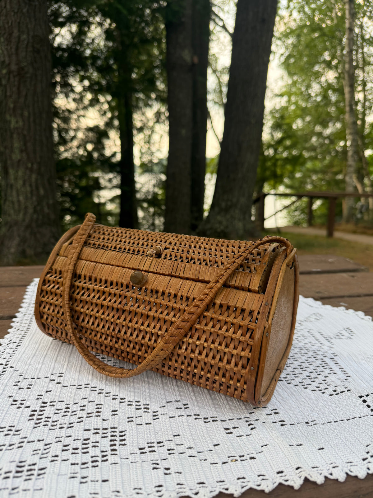 Vintage Woven Carrying Basket with Wood Finishes