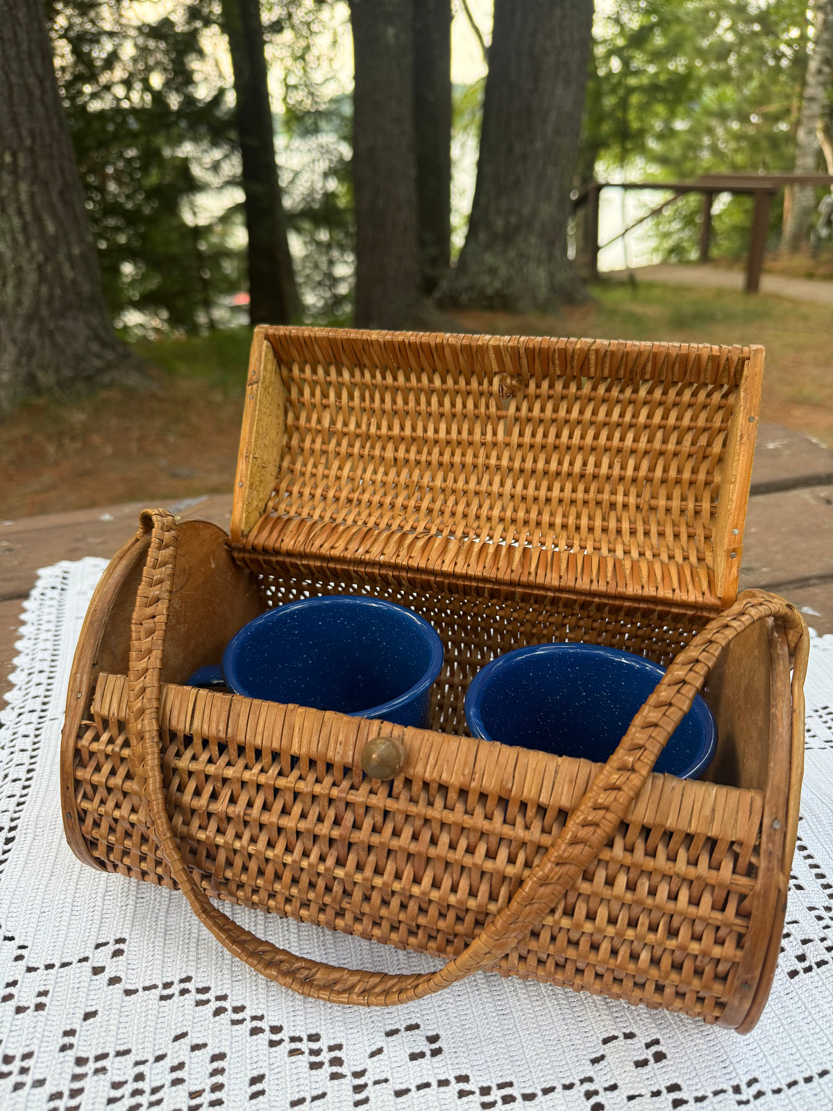 Vintage Woven Carrying Basket with Wood Finishes