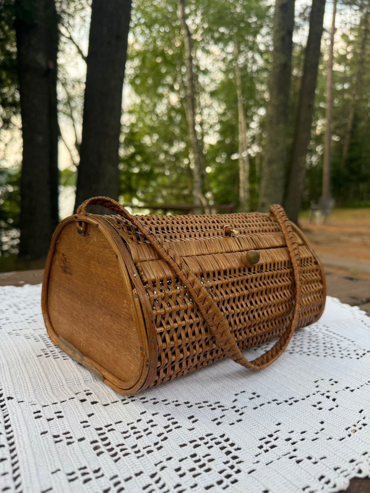 Vintage Woven Carrying Basket with Wood Finishes